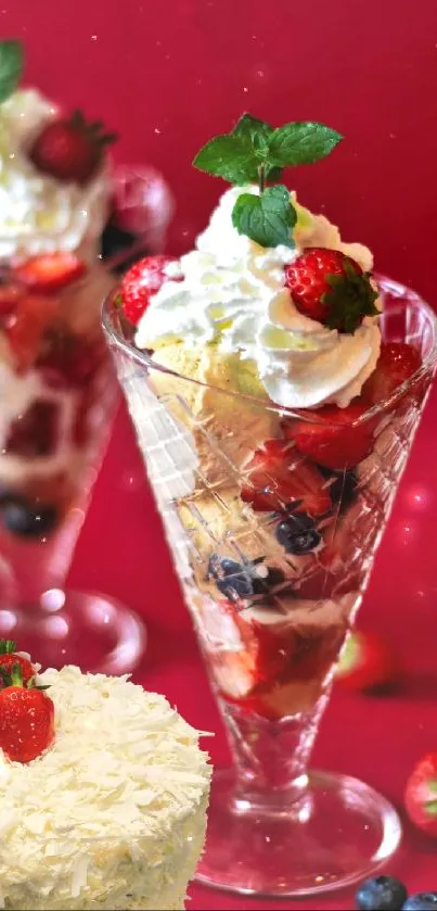Berry ice cream dessert with whipped cream on red background.