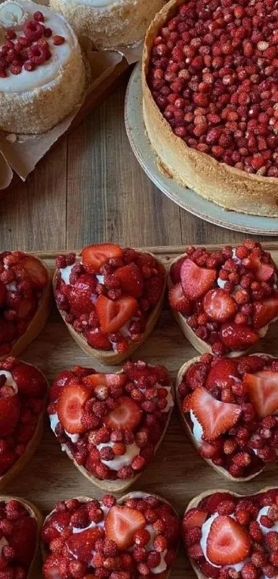 Assorted berry desserts with strawberries and heart tarts on a table.