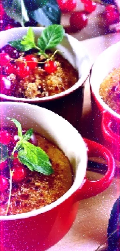Delicious berry dessert in red bowls with mint garnish and rustic decorations.