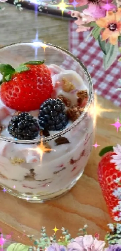 Berry dessert with strawberries and blackberries in yogurt.