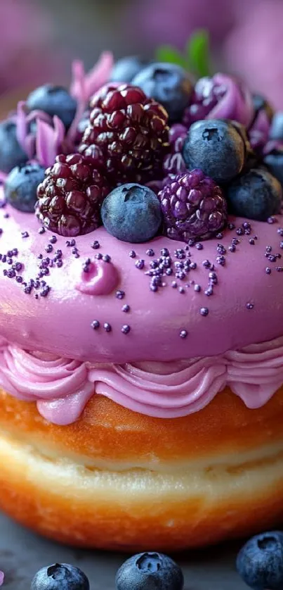 Vibrant donut with berries and pink frosting.