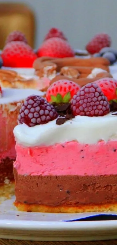 A vibrant berry layered cake with chocolate and fruit toppings.