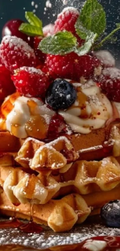 A stack of waffles topped with berries and cream dusted with sugar.