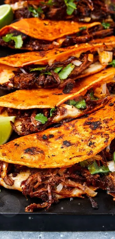 Close-up of delicious birria tacos with vibrant garnishes and lime wedges.