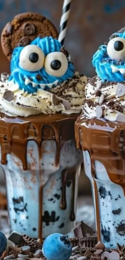 Fanciful blue cookie milkshakes topped with chocolate and cream.