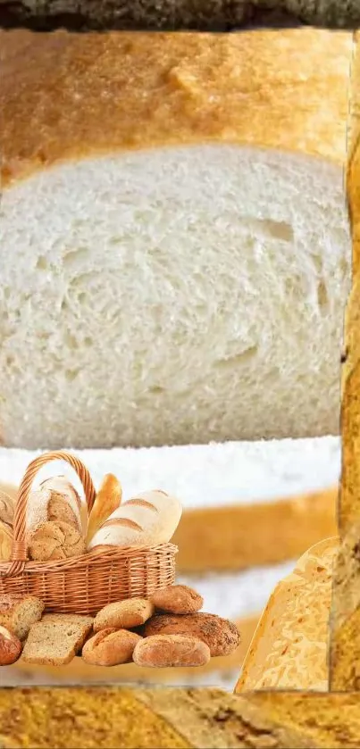 Mobile wallpaper featuring golden bread slices and a basket of baked goods.