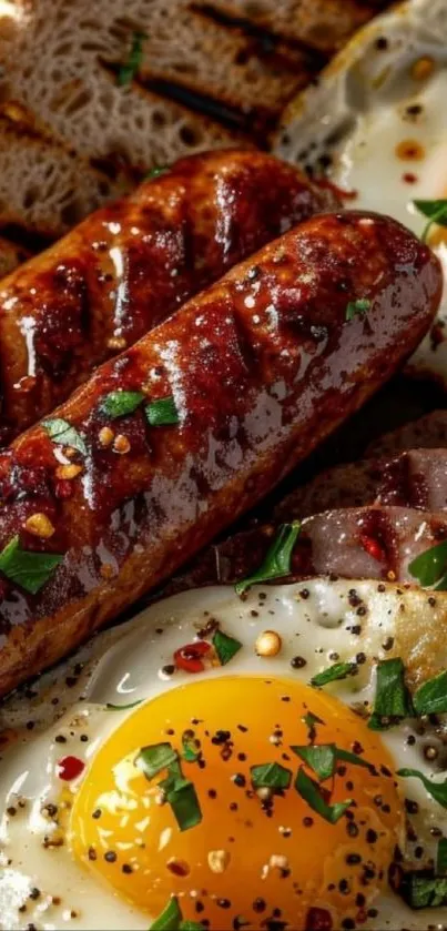 Grilled sausages with eggs and herbs on toast.