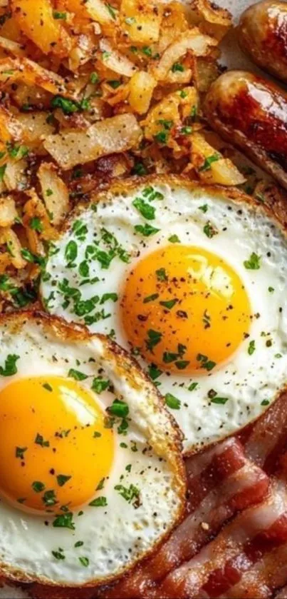A vibrant breakfast with eggs, bacon, sausage, and potatoes.