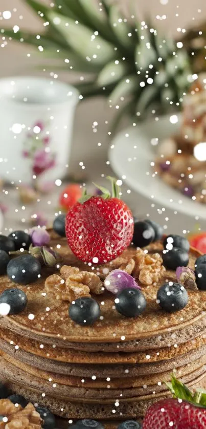Stacked pancakes with berries and walnuts on a white plate.