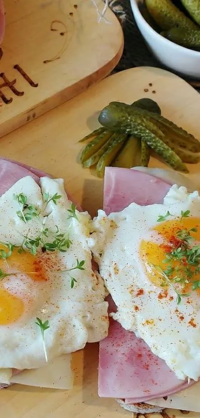 Breakfast spread with eggs, ham, and pickles on a wooden board.