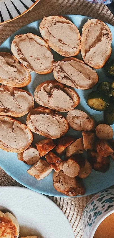 Breakfast spread on blue plate with bread, sprouts, sausages.