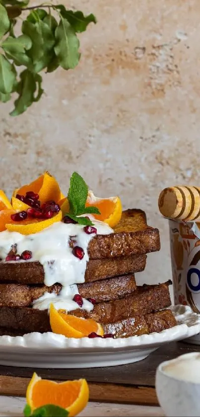 Stack of toast with yogurt and oranges on rustic background.