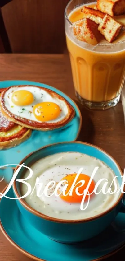 Vibrant breakfast wallpaper with coffee, eggs, and toast.