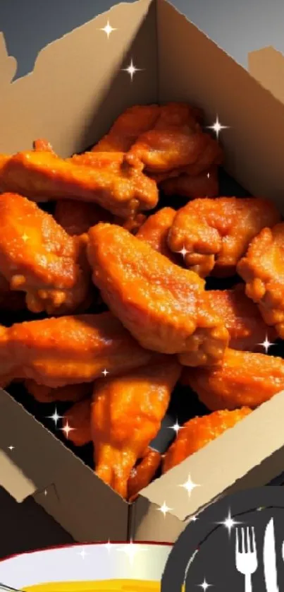 Box of crispy buffalo chicken wings in a vibrant mobile wallpaper.