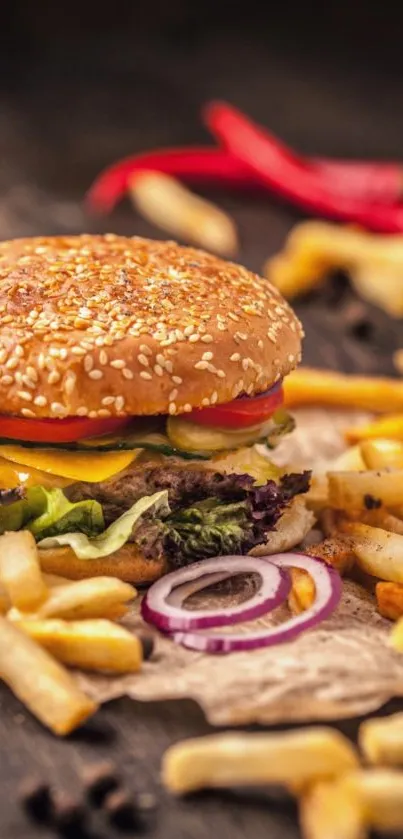 Close-up of a juicy burger with crispy fries on a dark rustic background.