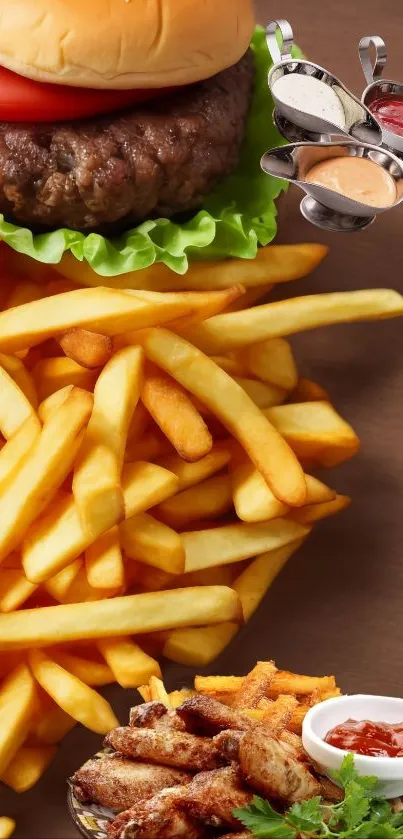 Mobile wallpaper featuring a burger, fries, and dipping sauces.