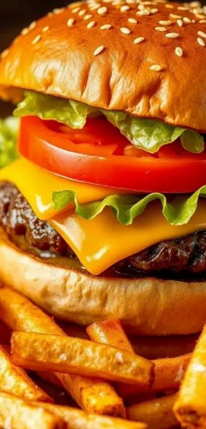 Juicy cheeseburger and crispy fries with lettuce and tomato.