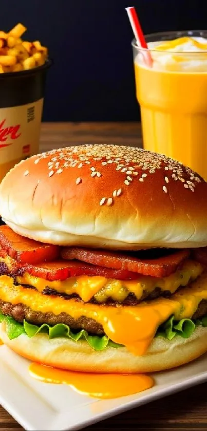 Juicy burger with cheese, bacon, fries, and drink on a vibrant mobile wallpaper.