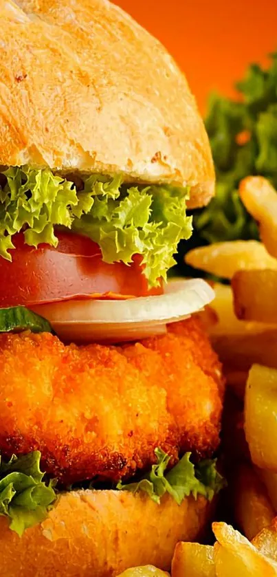 Close-up of a fresh burger with fries on an orange background.