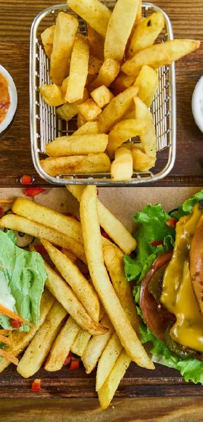 Top view of a delicious burger and fries on a rustic wooden board.