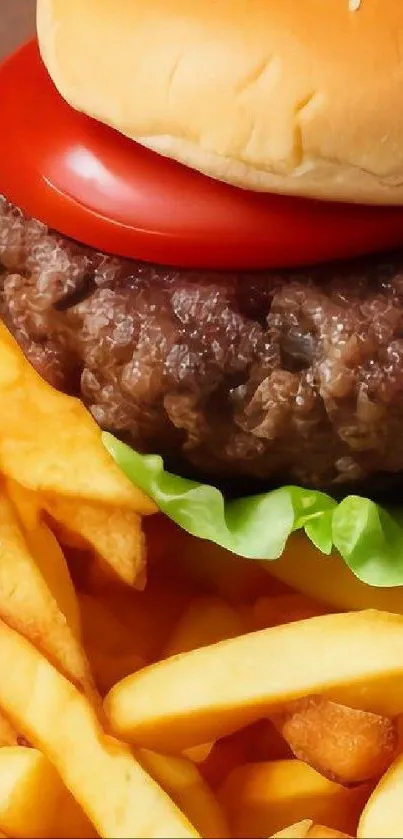 Close-up image of a juicy burger with crispy fries, perfect for food lovers.