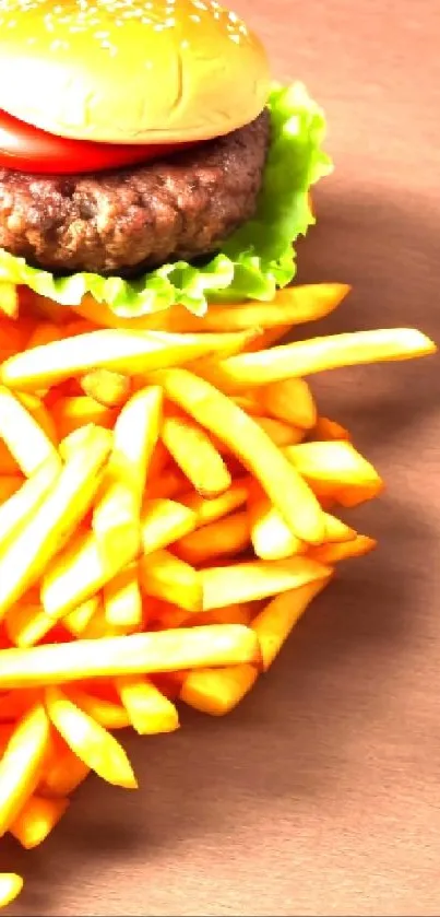 Juicy burger with tomato on lettuce with golden fries on light brown background.