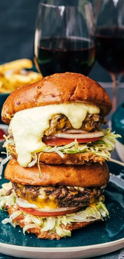 Gourmet burger with cheese served with wine and fries on a teal plate.