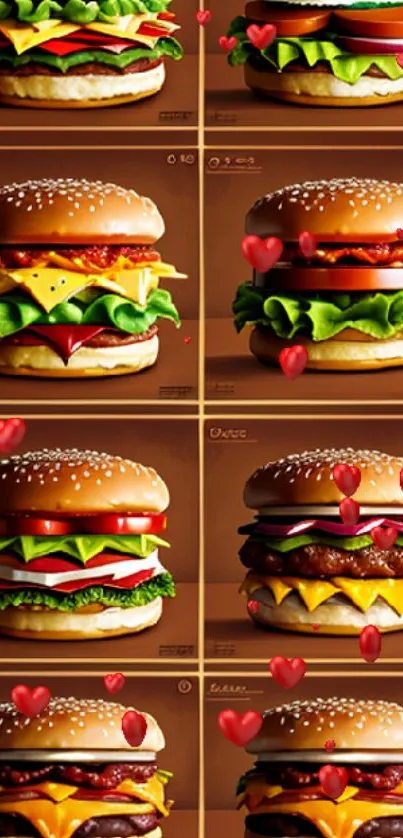 Artistic burger illustrations in vibrant colors for mobile wallpaper.