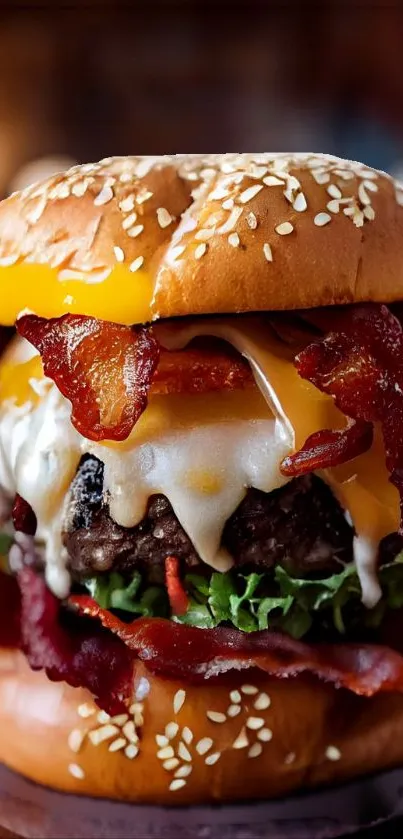 Mouth-watering cheeseburger with bacon and sesame bun on wooden table.
