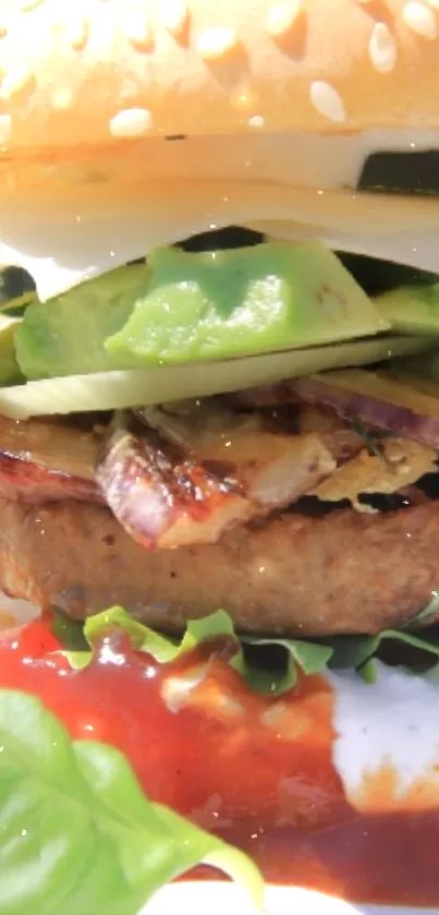 Close-up of a delicious burger with avocado and cheese, perfect wallpaper.