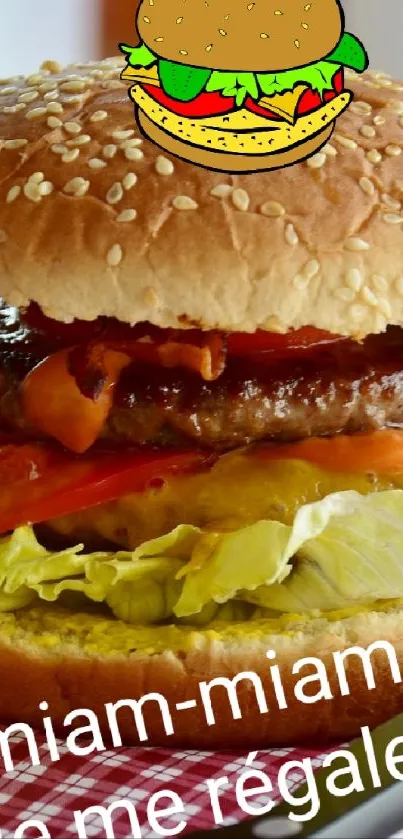 Juicy burger with toppings on a sesame bun, perfect for food wallpaper.