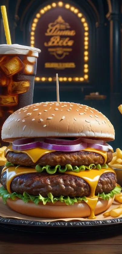Juicy cheeseburger with fries and cola in a vibrant mobile wallpaper.