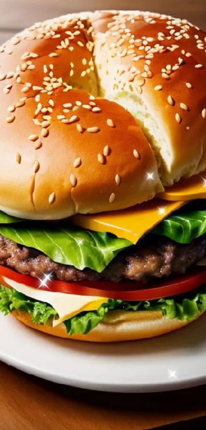 Juicy cheeseburger with lettuce, tomato, and melted cheese on a sesame bun.