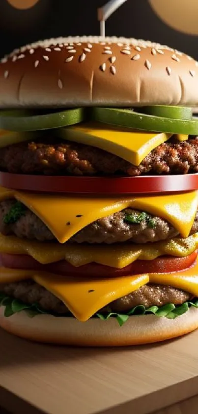 Colorful burger stacked with cheese and toppings on a wooden board.