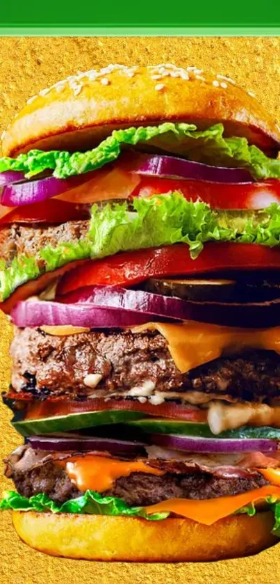 Stacked gourmet burger with layers of fresh toppings.