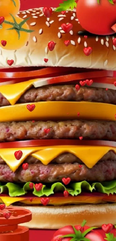 Vibrant burger stack on red background.