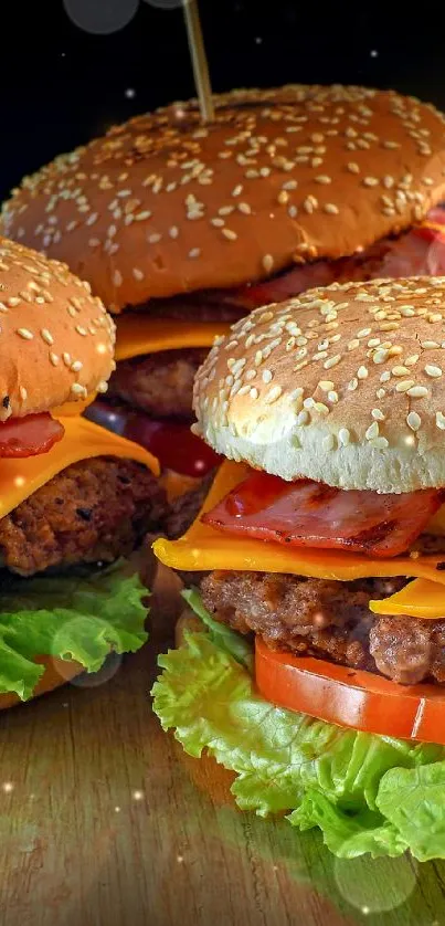 Three delicious burgers with lettuce and cheese on a wooden surface.