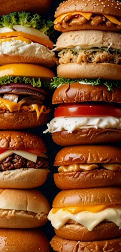 A colorful stack of various delicious burgers.