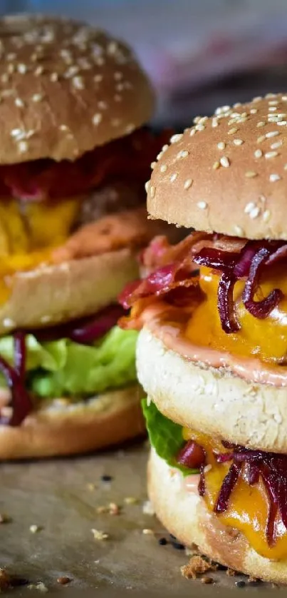 Close-up of a delicious double cheeseburger with bacon, lettuce, and tomato.