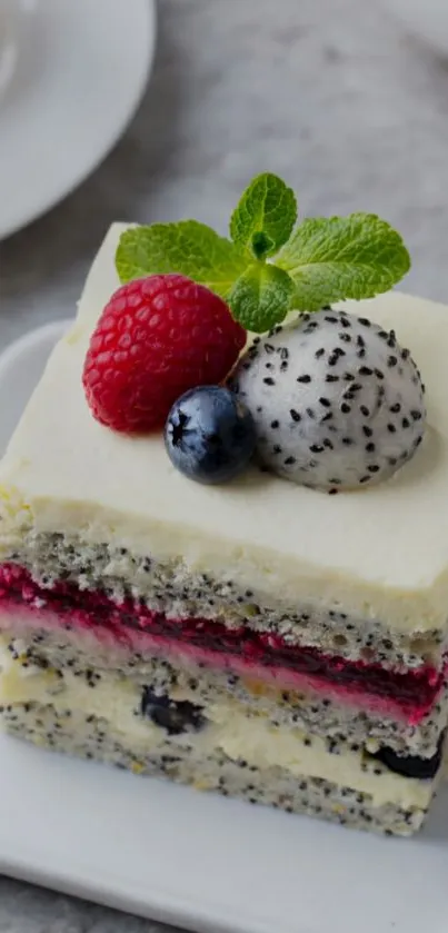 Cake with berries, dragon fruit, and mint leaves on top.