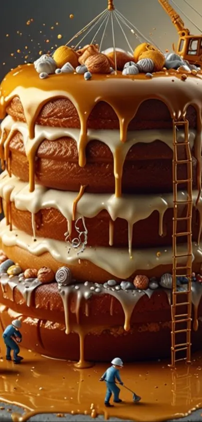 Whimsical wallpaper of a cake under construction by tiny workers.