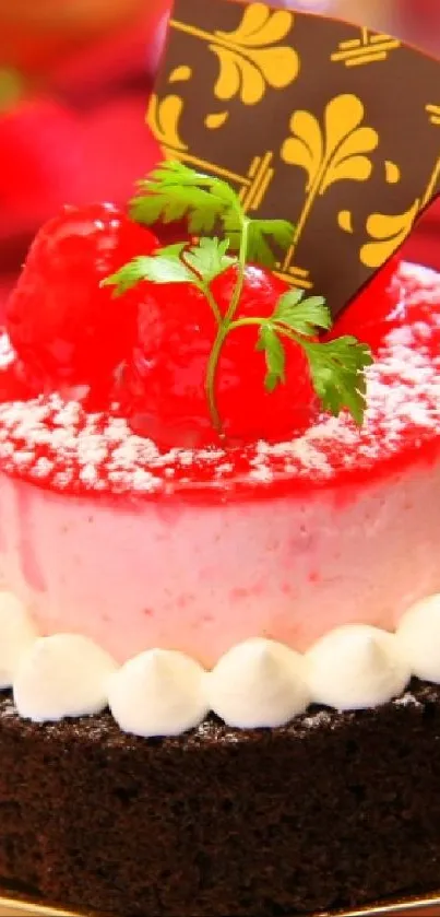 Delicious cake with berries and chocolate on red backdrop.