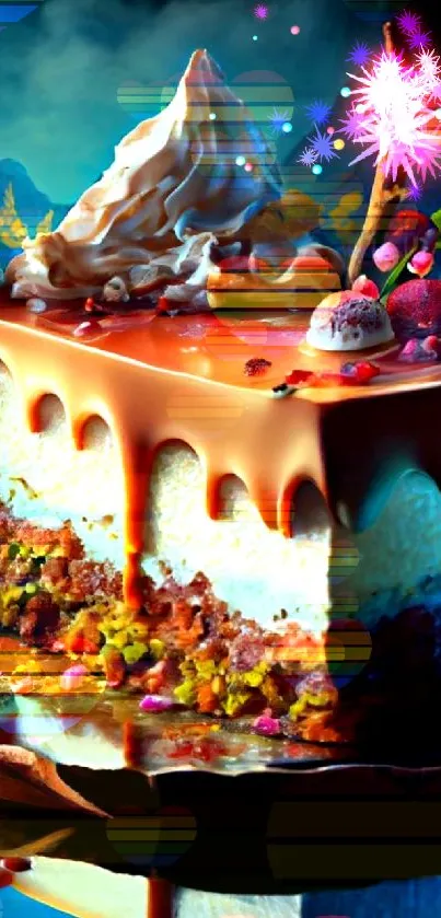 A vibrant fantasy cake with colorful details.