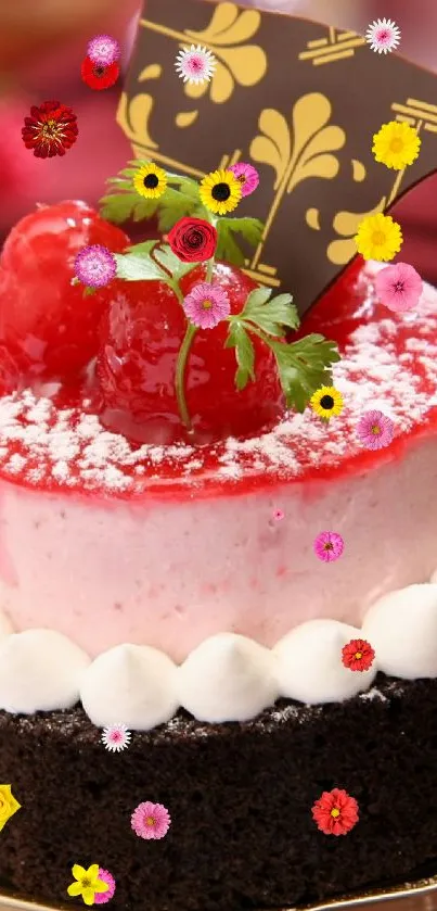 A delicious cake topped with raspberries on a shiny plate.