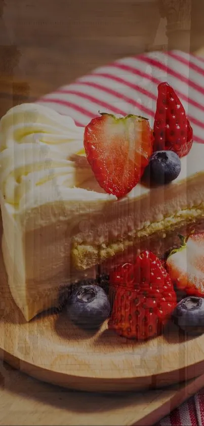 Creamy cake with strawberries and blueberries on a wooden board.