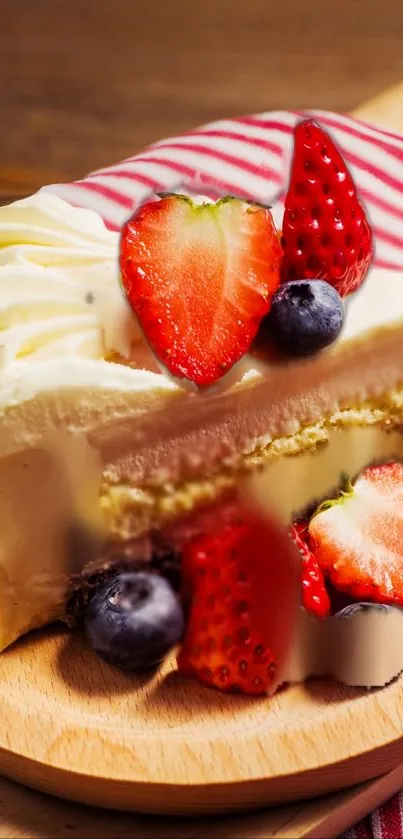 Slice of cake with strawberries and blueberries on a wooden board.