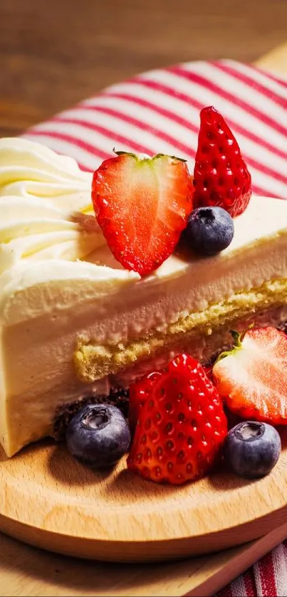 A slice of creamy cake with strawberries and blueberries on a wooden platter.