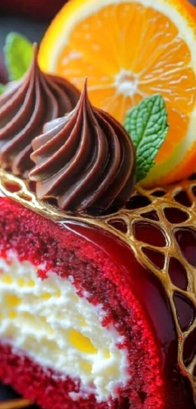 Red velvet cake with chocolate swirls and an orange slice.