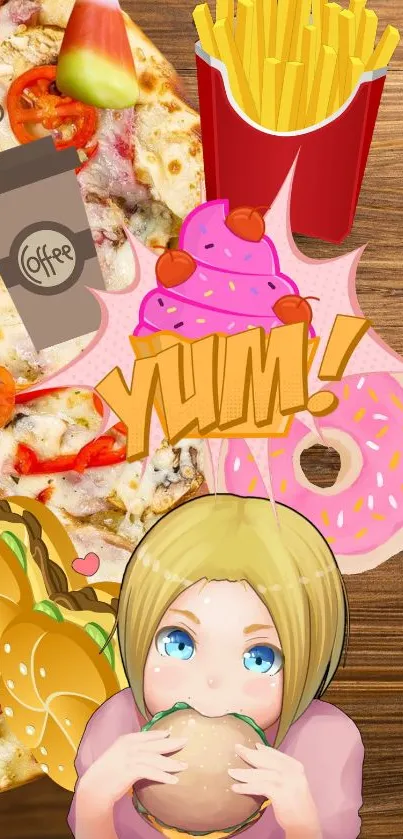 Colorful wallpaper with cartoon food and anime character.