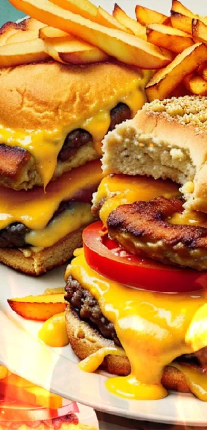 Juicy cheeseburgers with crispy fries on a plate.